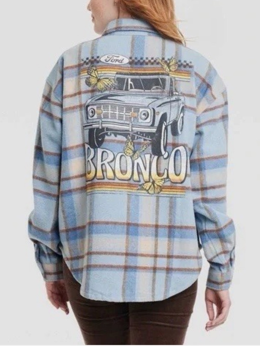 Ford Bronco Western Plaid Flannel Women’s Shacket Button Down Blue Ford Retro